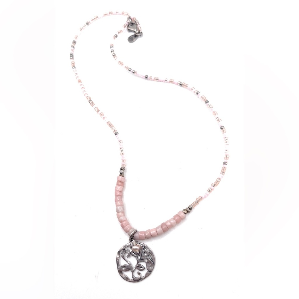 Silpada Pink Beaded Necklace with Silver Floral Pendant - Picture 3 of 3
